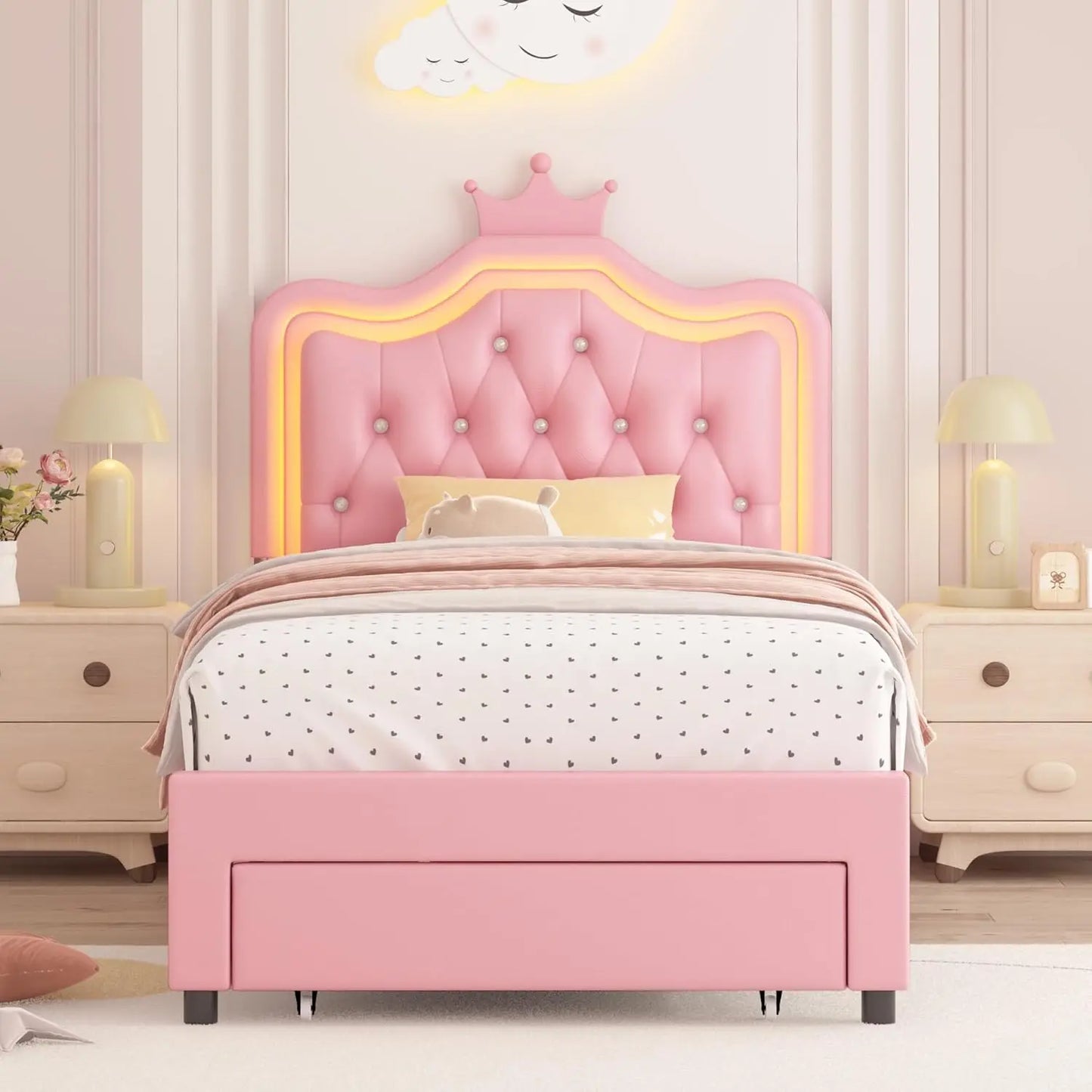 Twin Upholstered LED Bed Frame with Storage Drawer Leather Princess Platform Bed with Adjustable Crystal Button Tufted Crown