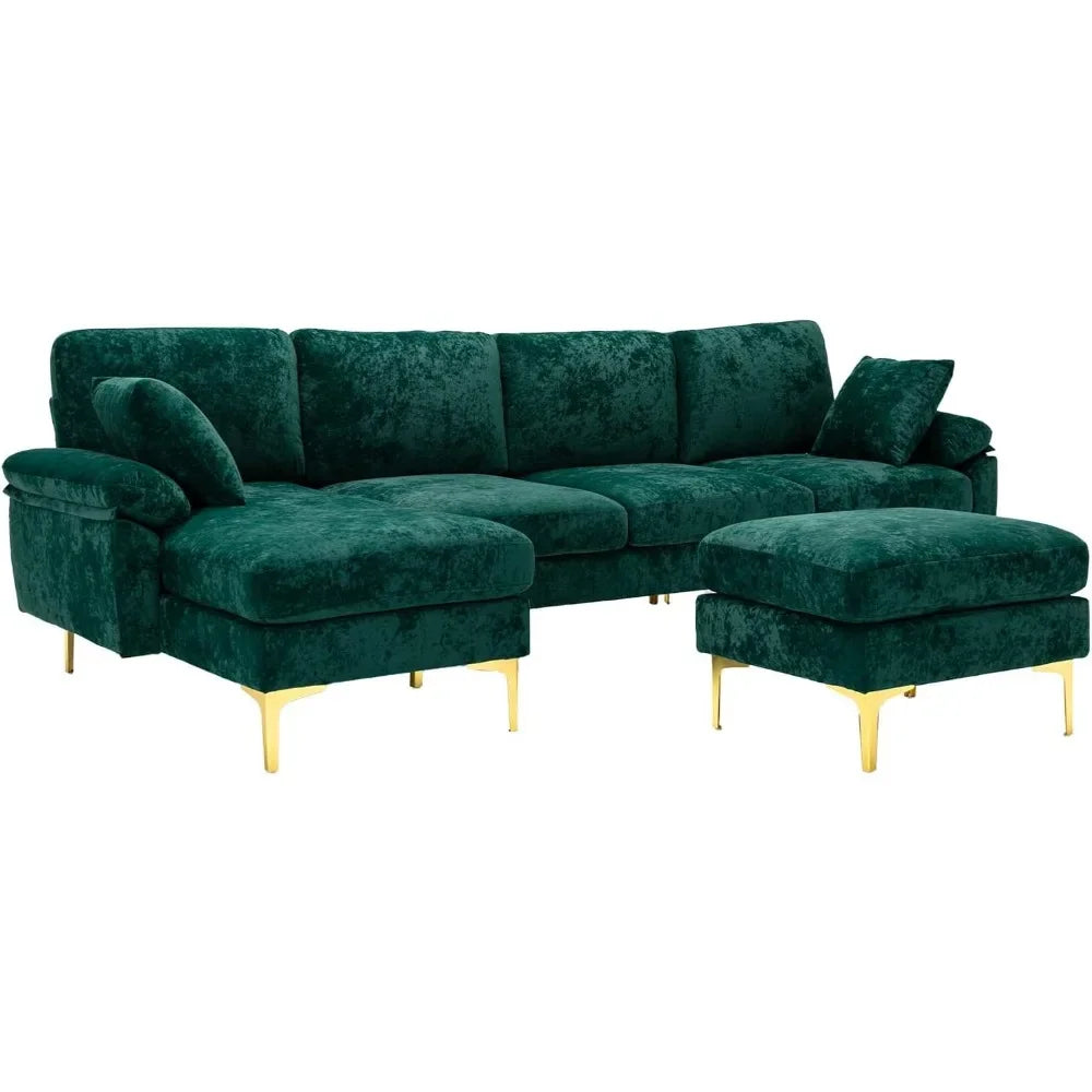 U-Shaped Sectional Sofa Couch, Modern Velvet Couch Set with Chaise Lounge, Ottoman and Pillows for Living Room Office Apartment