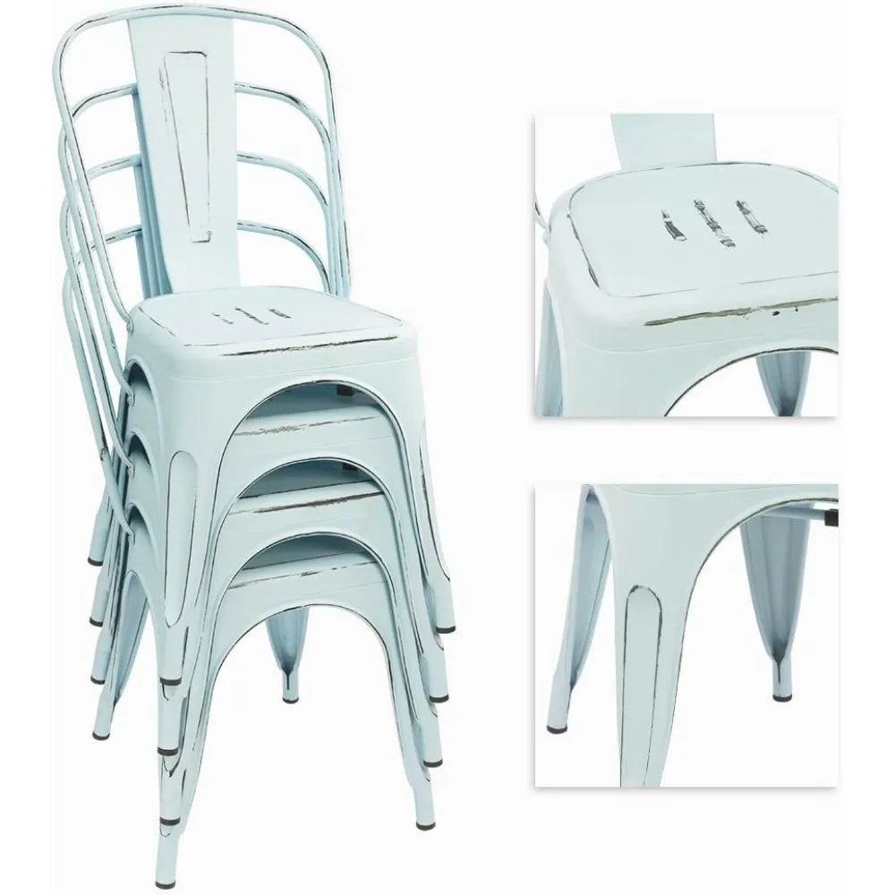 Metal Indoor-Outdoor Chairs Distressed Style Kitchen Dining Chairs Stackable Side Chairs with Back Set of 4