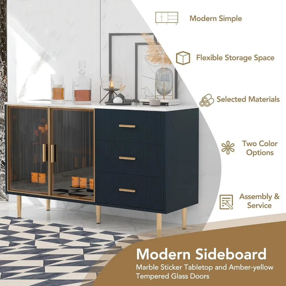 Modern 60'' Sideboard Large Storage Buffet Cabinet with 3 Drawers, Console Table with Gold Metal Legs