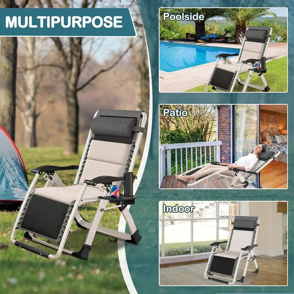 Lounge Chair Patio Zero Gravity Chair Folding Adjustable Reclining Patio Chairs with Cup Holder, Ergonomic Patio Recliner Chairs