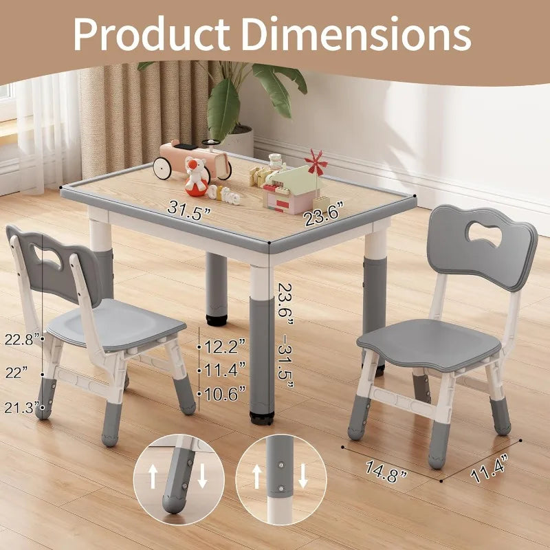 Toddler Table and 2 Chairs, Kids Table and Chair Set Height Adjustable, 31.5''L x 23.6''W Multifunctional Kids Table for Reading