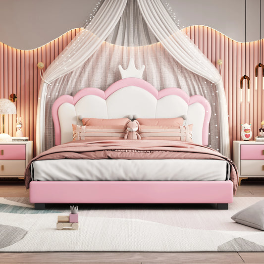 Full/Twin Size Upholstered Princess Bed With Crown Headboard & Footboard PU Platform Bed