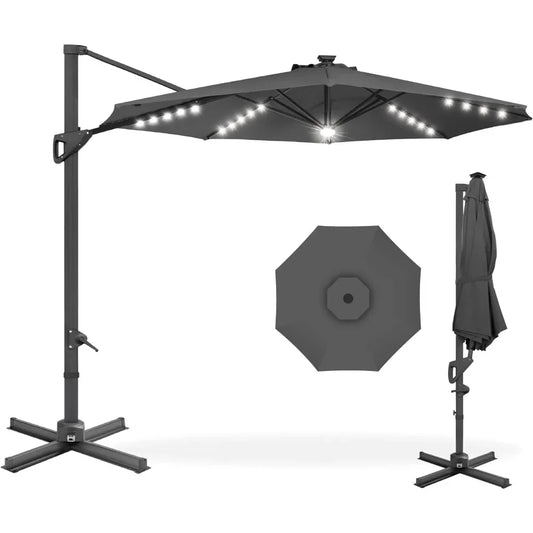 10ft Solar LED Cantilever Patio Umbrella, 360-Degree Rotation Hanging Offset Market Outdoor Sun Shade for Backyard, Deck