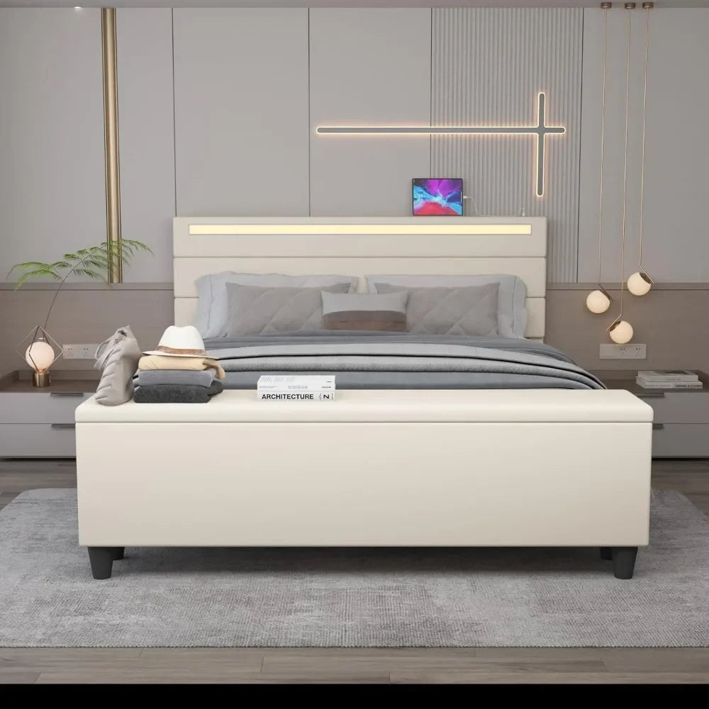 Queen Bed Frame with Ottoman Storage & LED Lights, Upholstered Platform w/ USB Ports, Beige Headboard, Solid Slats