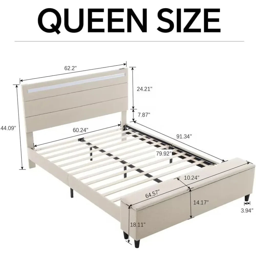 Queen Bed Frame with Ottoman Storage & LED Lights, Upholstered Platform w/ USB Ports, Beige Headboard, Solid Slats