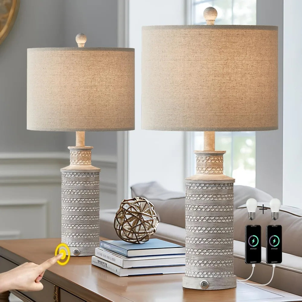 3-Way Dimmable Touch Control Table Lamp Set of 2 with Dual USB Charging Ports for Bedroom Living Room Vintage Rustic