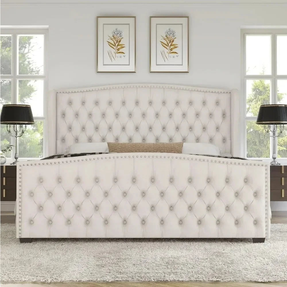 King Bed Frame, Velvet Upholstered Beds with Deep Button Tufted & Nailhead Trim Wingback Headboard/No Box Spring Needed, Bed Frame