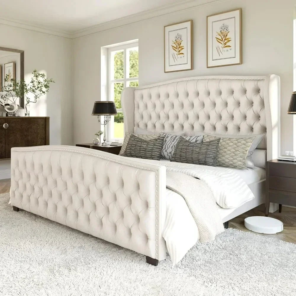 King Bed Frame, Velvet Upholstered Beds with Deep Button Tufted & Nailhead Trim Wingback Headboard/No Box Spring Needed, Bed Frame