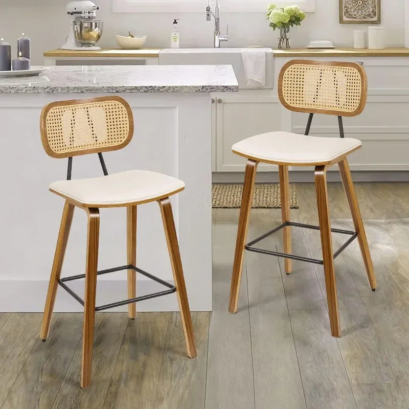 Counter Height Bar Stools Set of 2, Mid Century Modern Counter Stools, 26" Wood Kitchen Stool PU Leather Upholstered Barstool