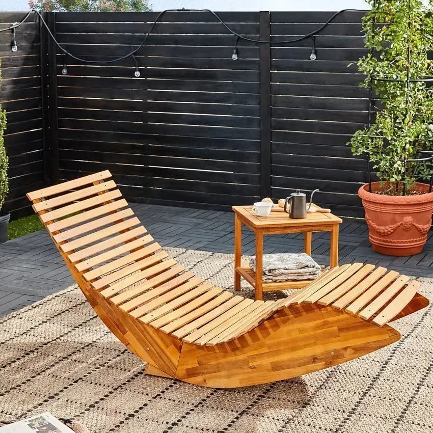 Swinging outdoor lounge chair made of acacia wood, with a 330 pound capacity wooden furniture