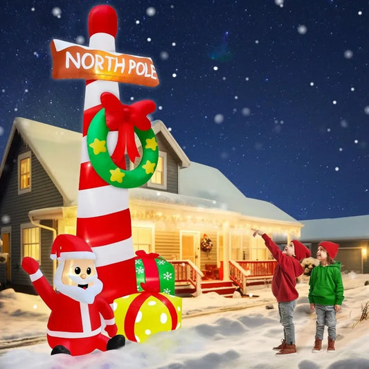 Christmas Inflatable Toy 12 Feet Long, with Flower Garlands on Giant Arctic Road Signs, Santa Claus with Built-in LED Lights