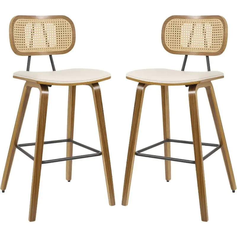 Counter Height Bar Stools Set of 2, Mid Century Modern Counter Stools, 26" Wood Kitchen Stool PU Leather Upholstered Barstool