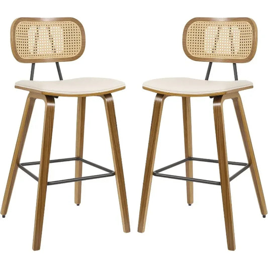 Counter Height Bar Stools Set of 2, Mid Century Modern Counter Stools, 26" Wood Kitchen Stool PU Leather Upholstered Barstool