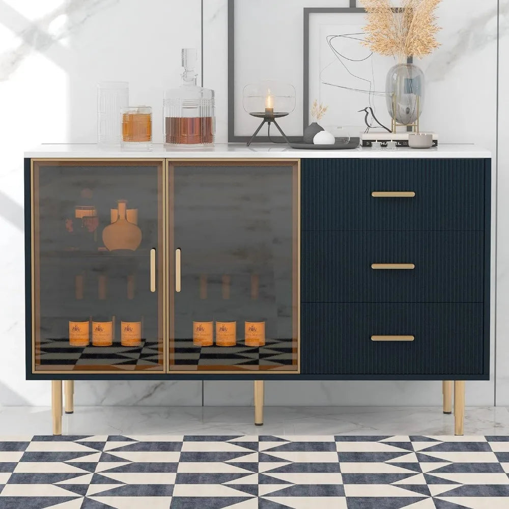 Modern 60'' Sideboard Large Storage Buffet Cabinet with 3 Drawers, Console Table with Gold Metal Legs