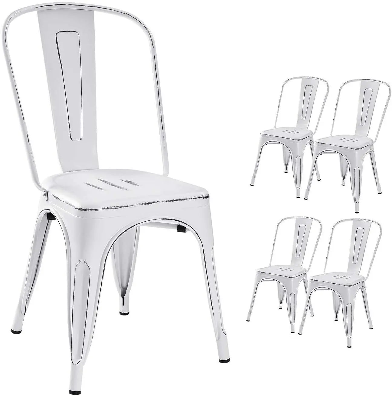 Metal Indoor-Outdoor Chairs Distressed Style Kitchen Dining Chairs Stackable Side Chairs with Back Set of 4