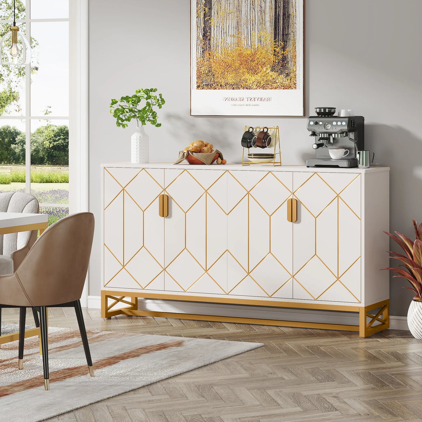 White Gold Buffet Cabinet with Storage Kitchen Sideboard Storage Cabinet