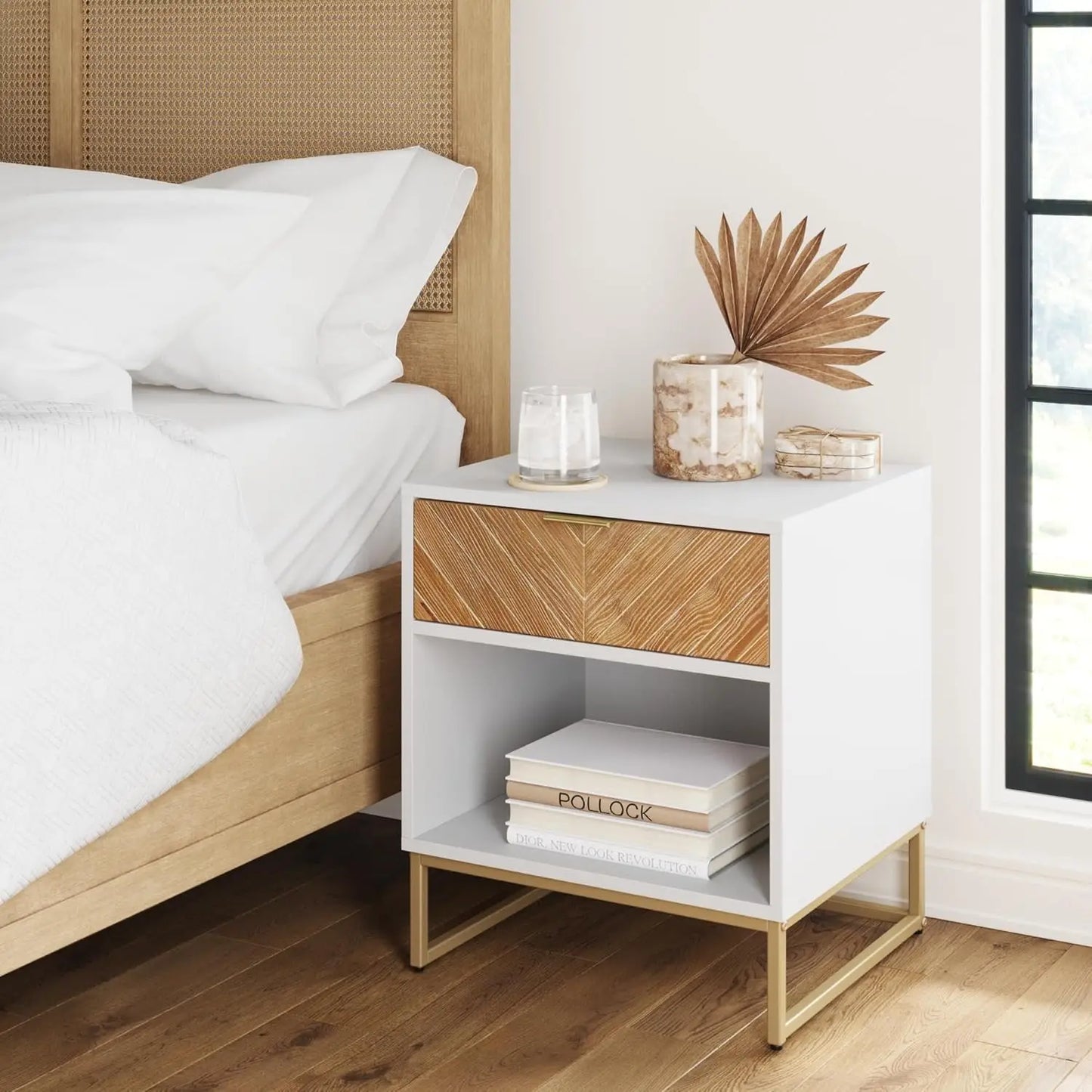 Nightstand Side Accent or End Table with Storage, White/Gold Bedroom Furniture