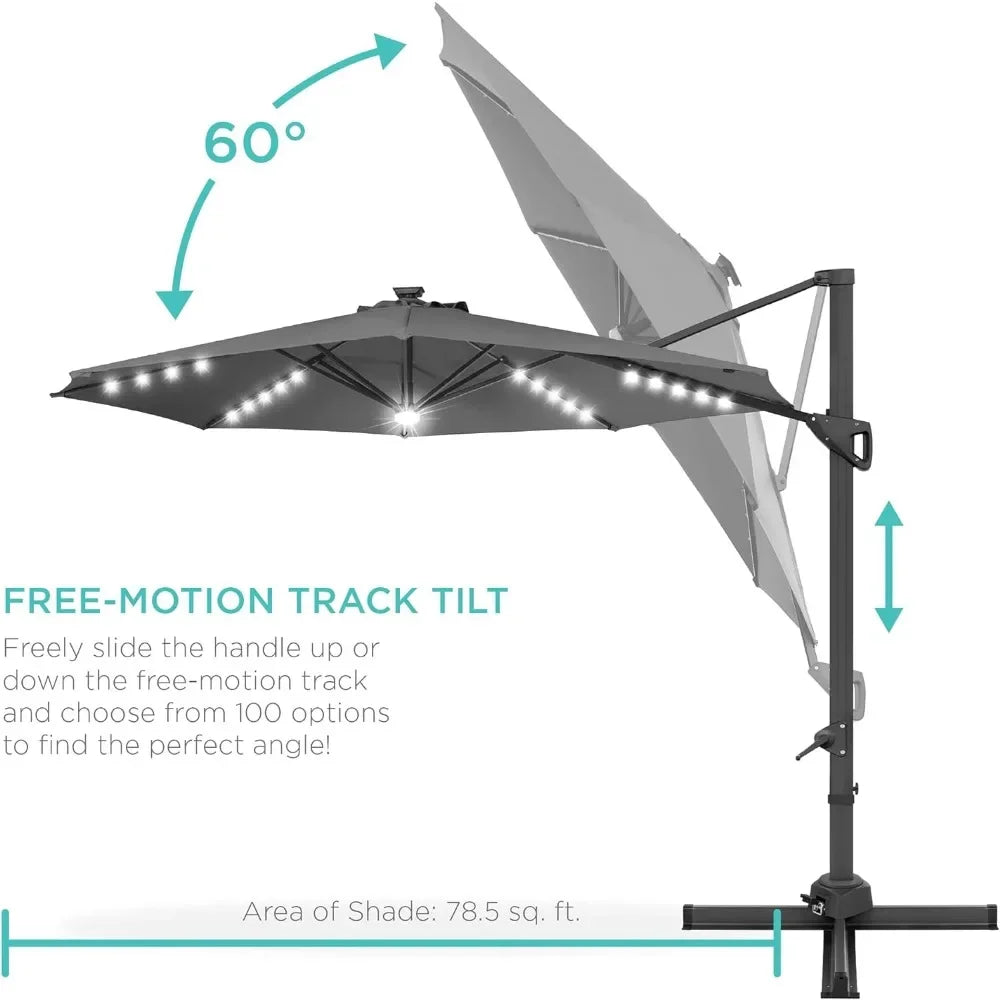 10ft Solar LED Cantilever Patio Umbrella, 360-Degree Rotation Hanging Offset Market Outdoor Sun Shade for Backyard, Deck