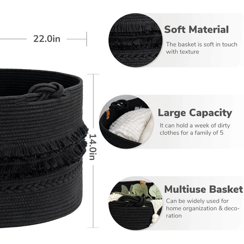 CherryNow Extra Large Black Laundry Basket, Rope Storage Basket Bathroom, Bedroom, Entryway, Big Blanket Basket Pillows