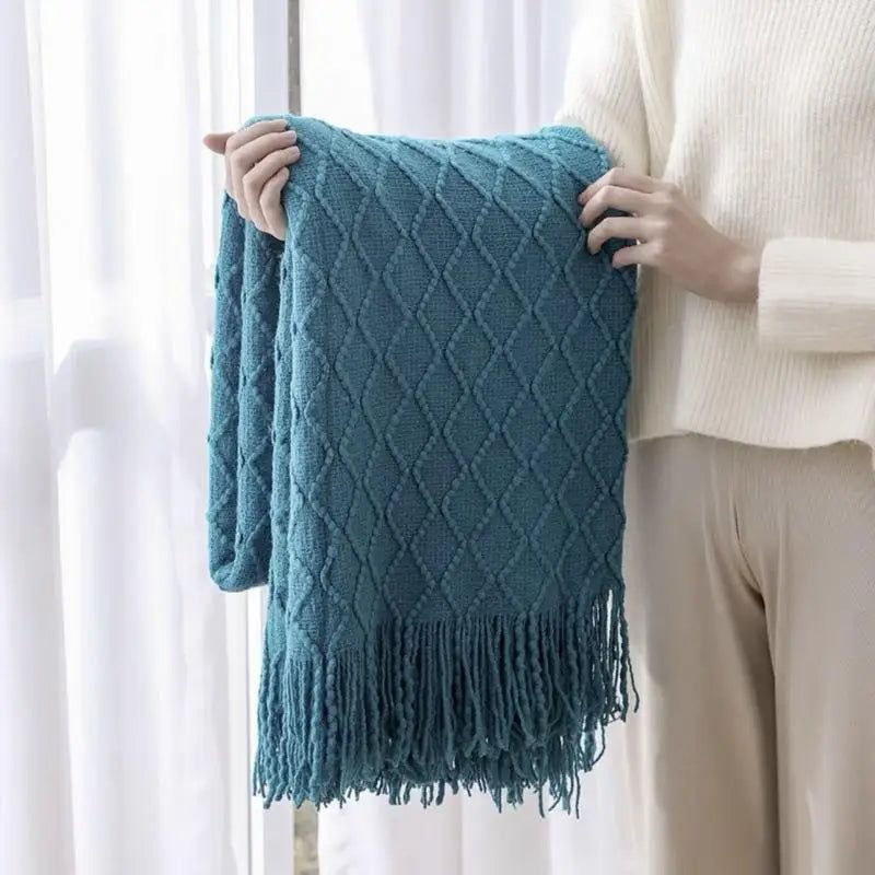 Knitted Blanket Throw with Fringes Overzised Cozy Chunky Textured Chunky Farmhouse Outdoor Vintage Gift Blankets Manta Para Sofá