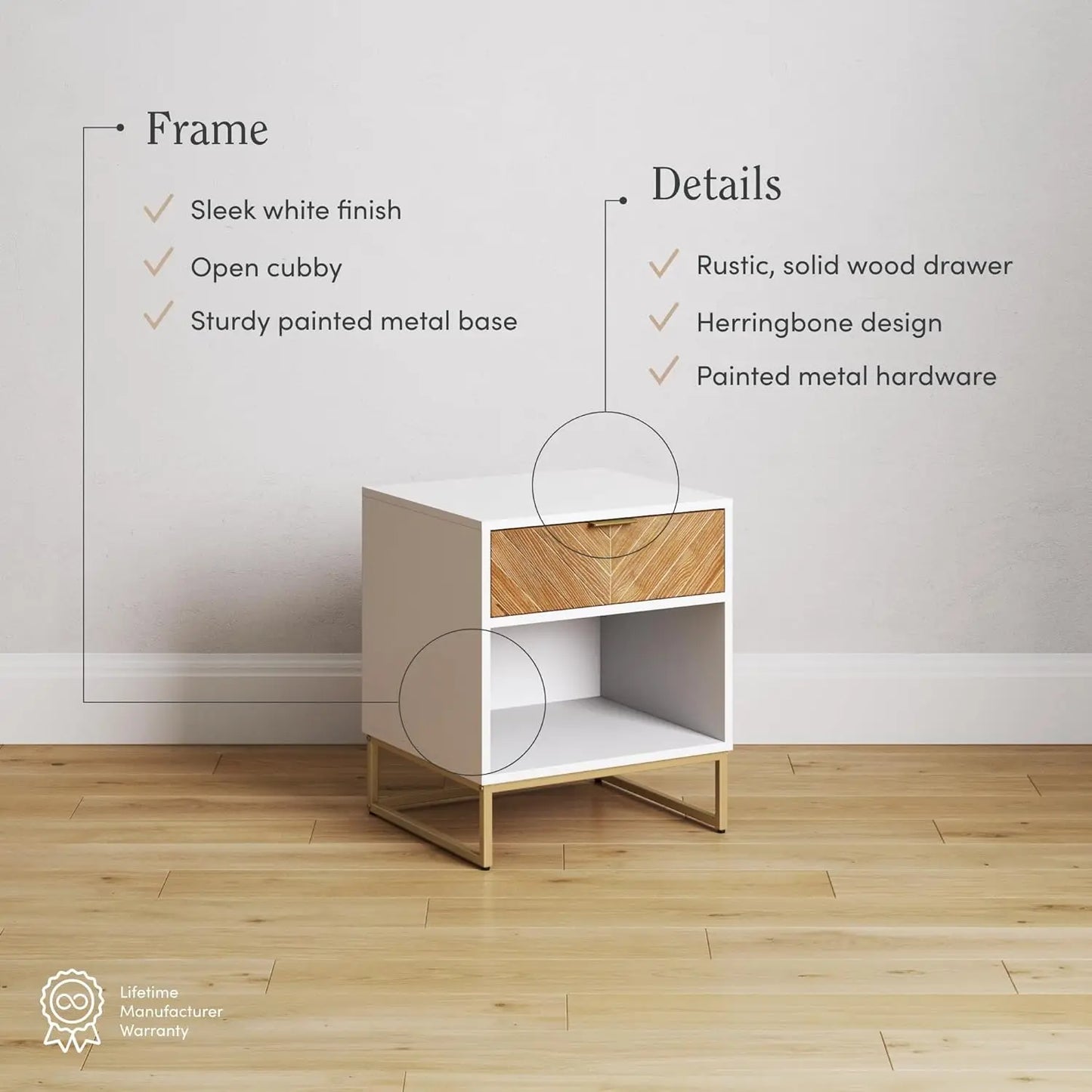 Nightstand Side Accent or End Table with Storage, White/Gold Bedroom Furniture