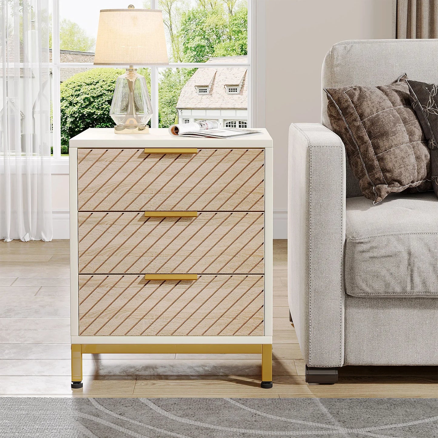 Night Stands for Bedrooms, White and Gold Light Wood Grain Nightstands with 3 Drawers Bedside Tables