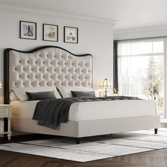 Queen with 55-inch Headboard, Linen Contemporary Upholstery, Metal Frame, No Box Spring Required, Platform Bed Frames