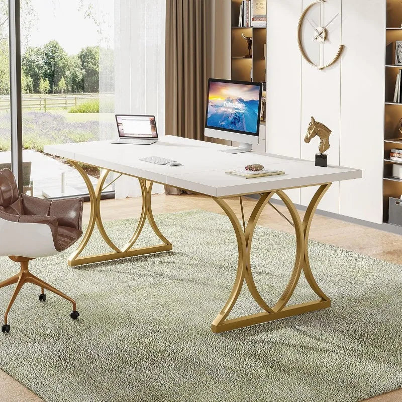 63" W White Computer Desk, Modern Large Office Table Study Writing Desk Workstation for Home Office, White&Gold