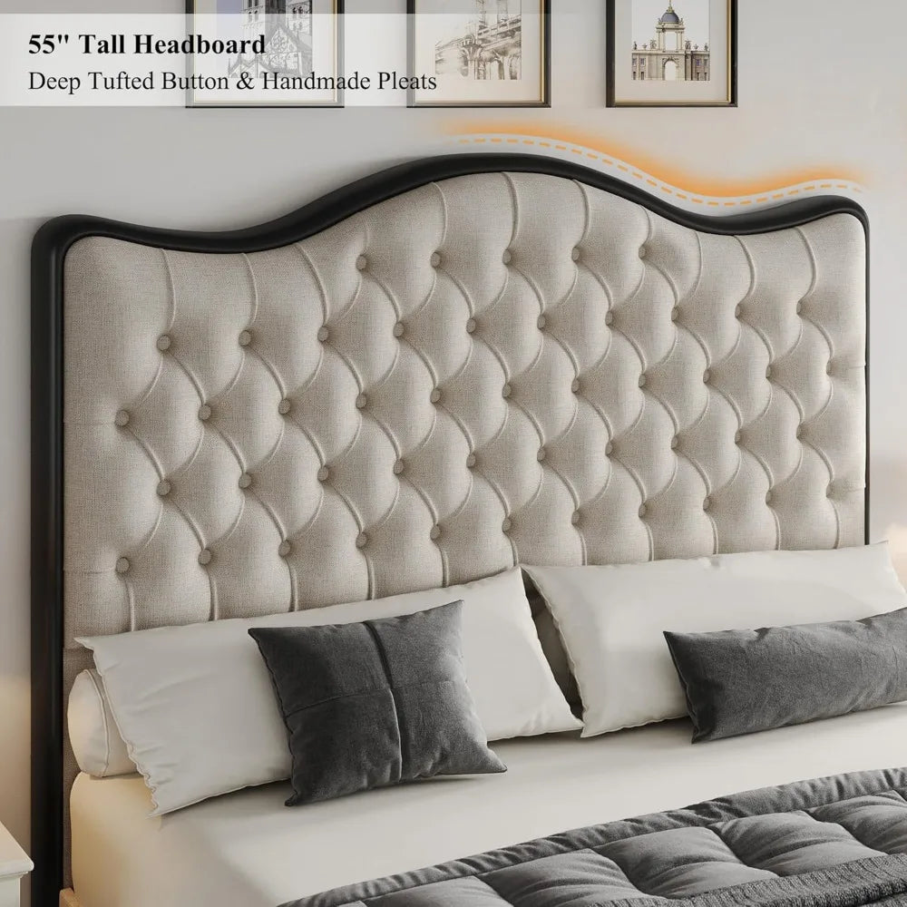 Queen with 55-inch Headboard, Linen Contemporary Upholstery, Metal Frame, No Box Spring Required, Platform Bed Frames