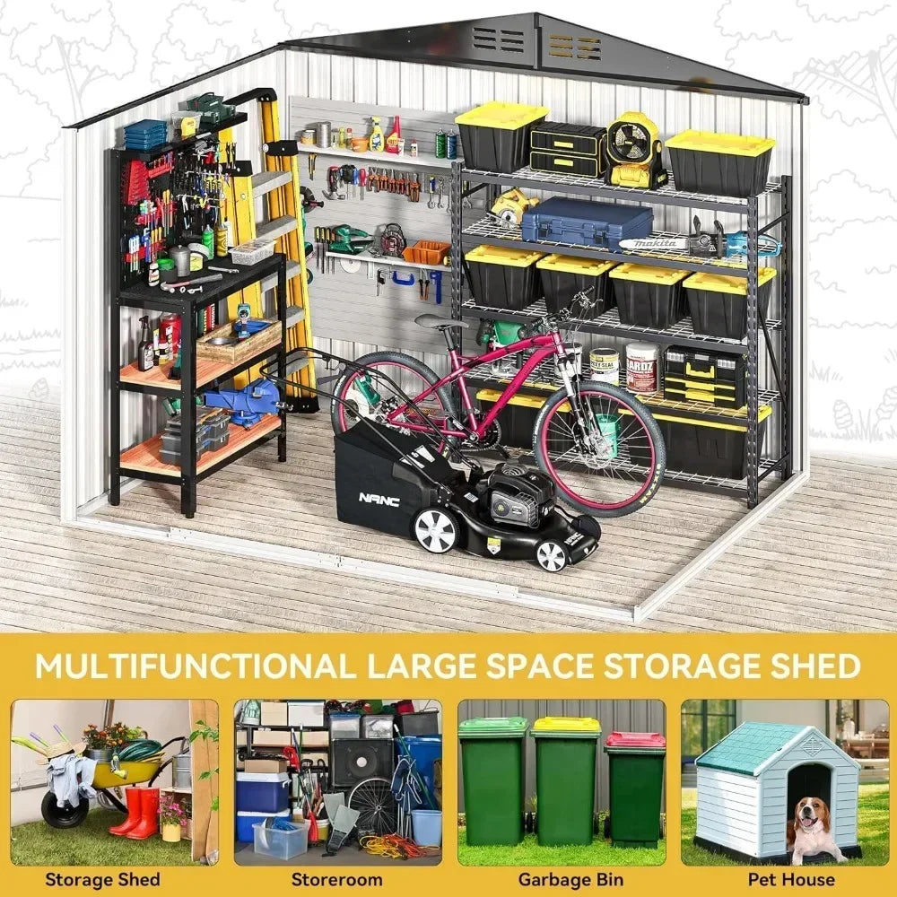 10ft x 8 Shed Garden Storage,Metal Outdoor Storage Sheds with Vents,Hinged Door and Padlock,Practical Tool for Storing Bicycles