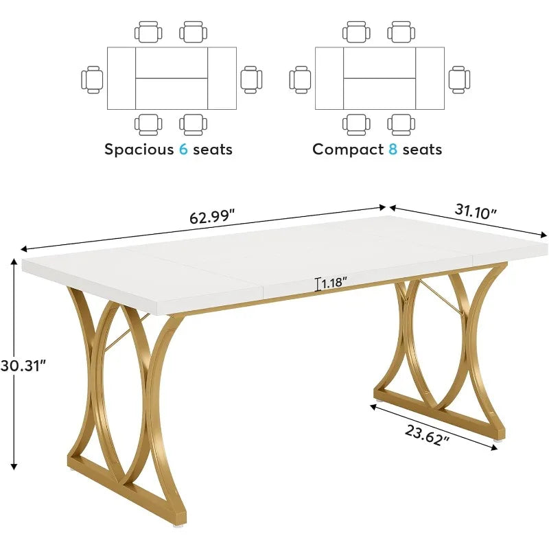 63" W White Computer Desk, Modern Large Office Table Study Writing Desk Workstation for Home Office, White&Gold