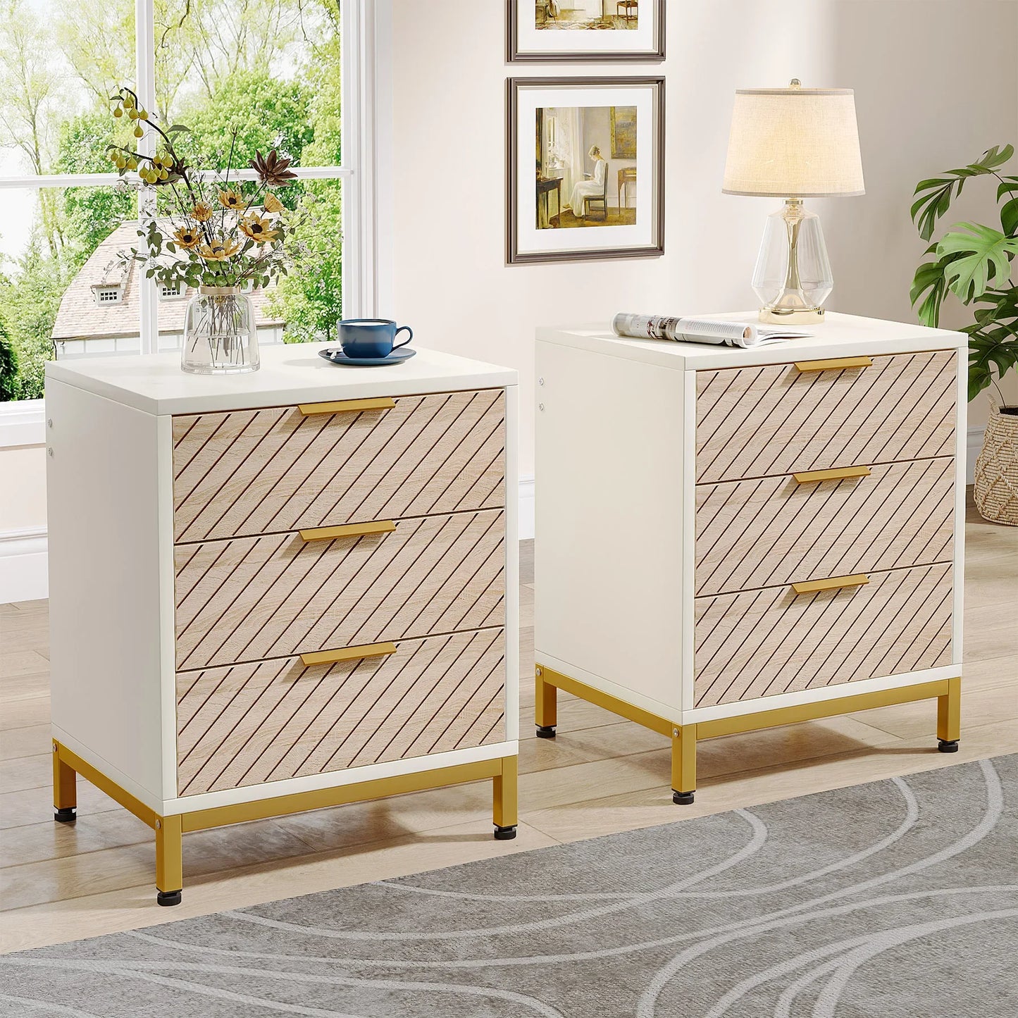 Night Stands for Bedrooms, White and Gold Light Wood Grain Nightstands with 3 Drawers Bedside Tables