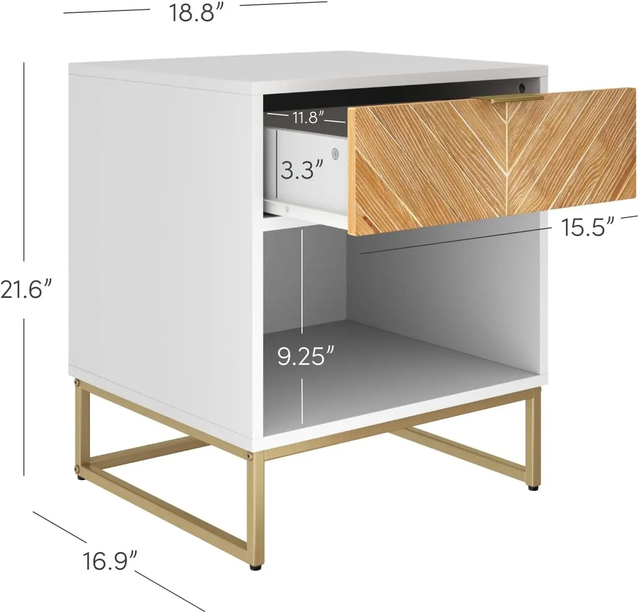 Nightstand Side Accent or End Table with Storage, White/Gold Bedroom Furniture