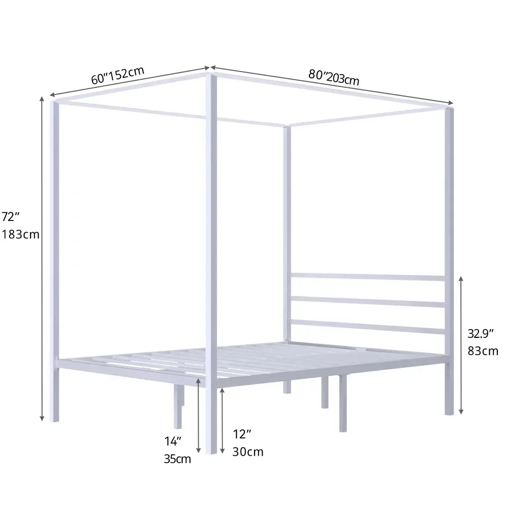 14-Inch Platform Bed Frame Queen Size White Metal Canopy Bed Frame With Sturdy Four Posts Integrated Headboard Full Bases Frames