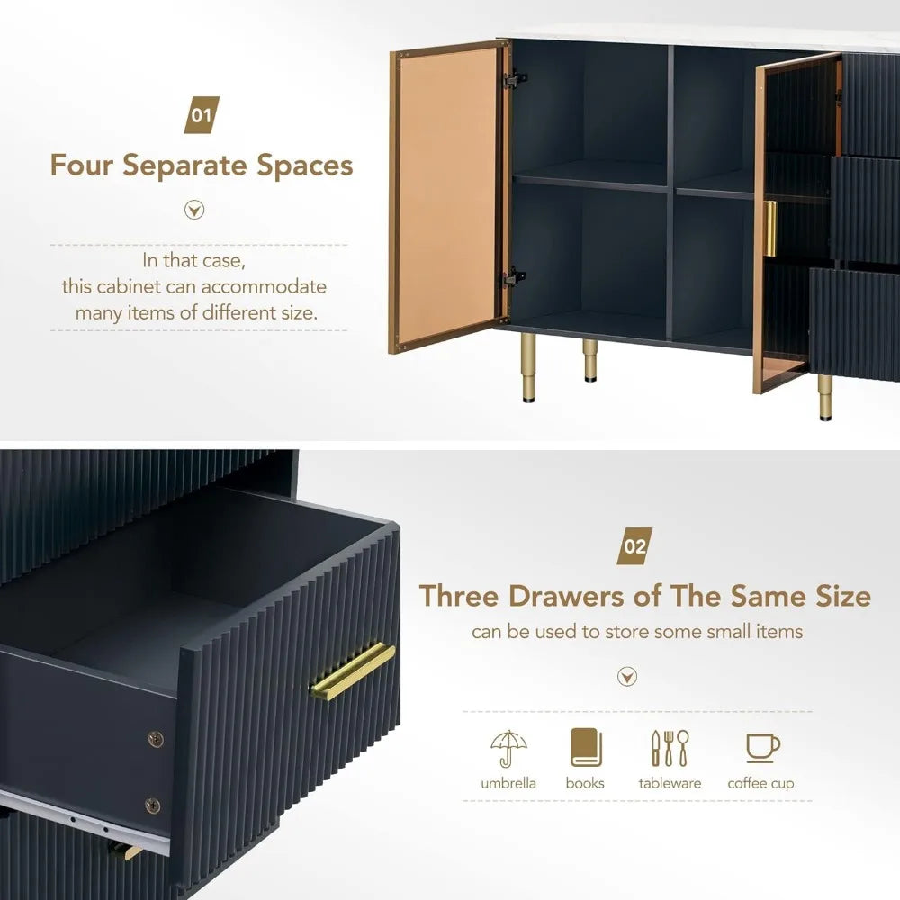 Modern 60'' Sideboard Large Storage Buffet Cabinet with 3 Drawers, Console Table with Gold Metal Legs