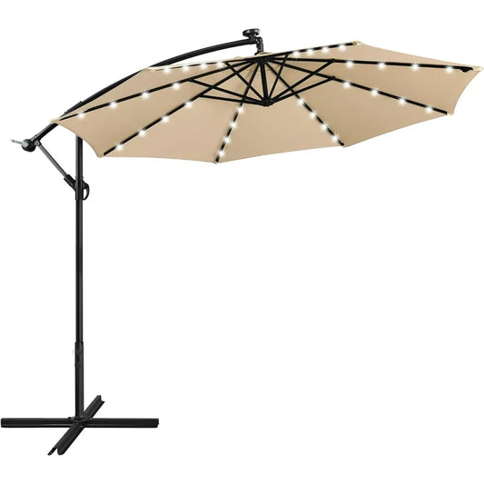 Solar Offset Umbrella with 10FT 32 LED Lights Cantilever Outdoor Umbrellas Handy Crank & Cross Base  for the Beach for Backyard