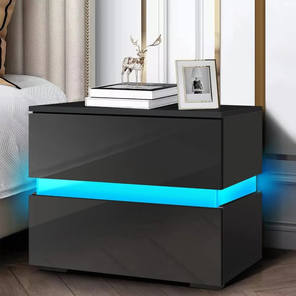 Set of 2 LED Nightstands Nightstand with 2 Drawers High Gloss Night Stands with 16 Colors LED Lights Side Table