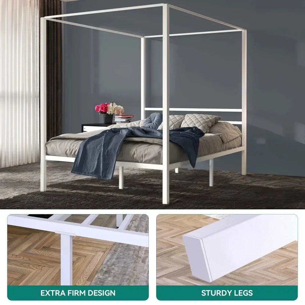 14-Inch Platform Bed Frame Queen Size White Metal Canopy Bed Frame With Sturdy Four Posts Integrated Headboard Full Bases Frames