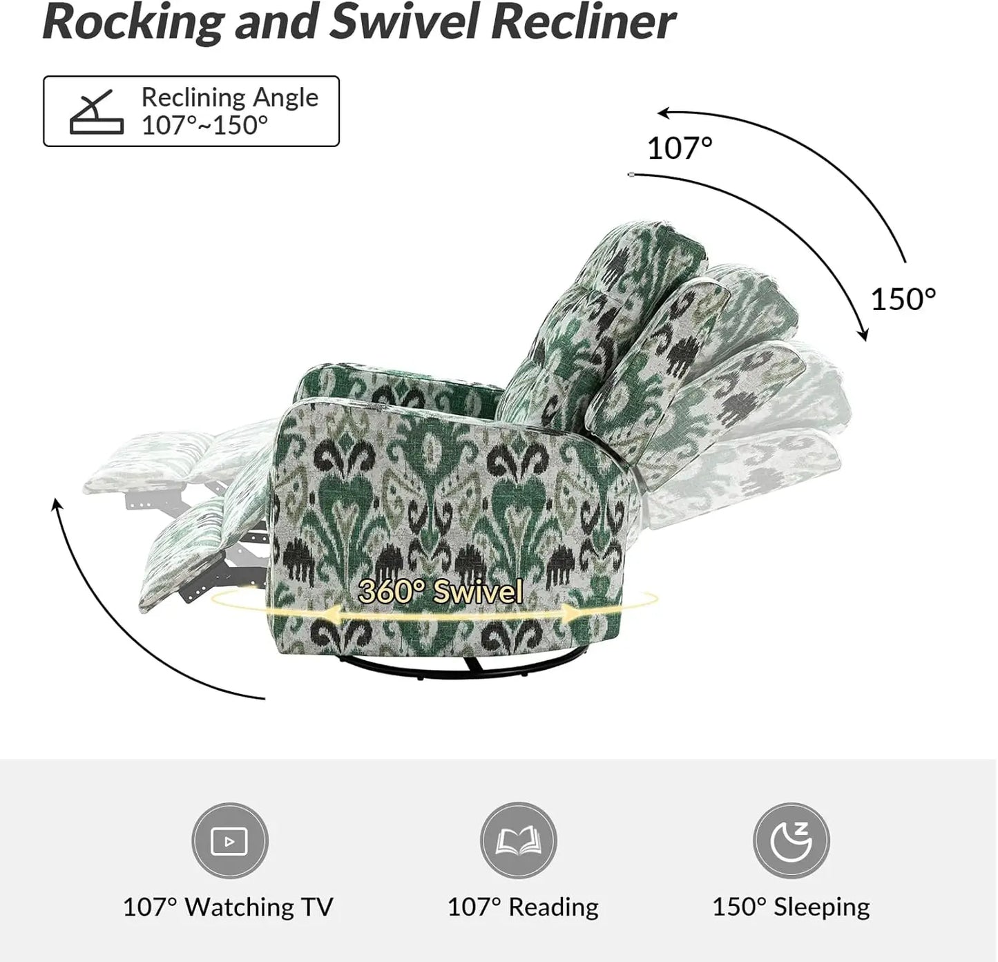 Recliner Chair Modern Printed Fabric for Living Room Wingback Rocker Recliner Sofa Comfy Armchair 360 Degree Swivel