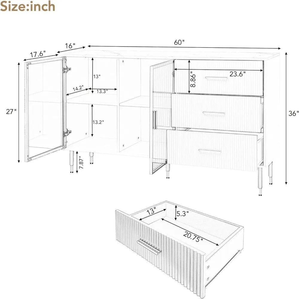 Modern 60'' Sideboard Large Storage Buffet Cabinet with 3 Drawers, Console Table with Gold Metal Legs