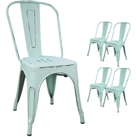 Metal Indoor-Outdoor Chairs Distressed Style Kitchen Dining Chairs Stackable Side Chairs with Back Set of 4