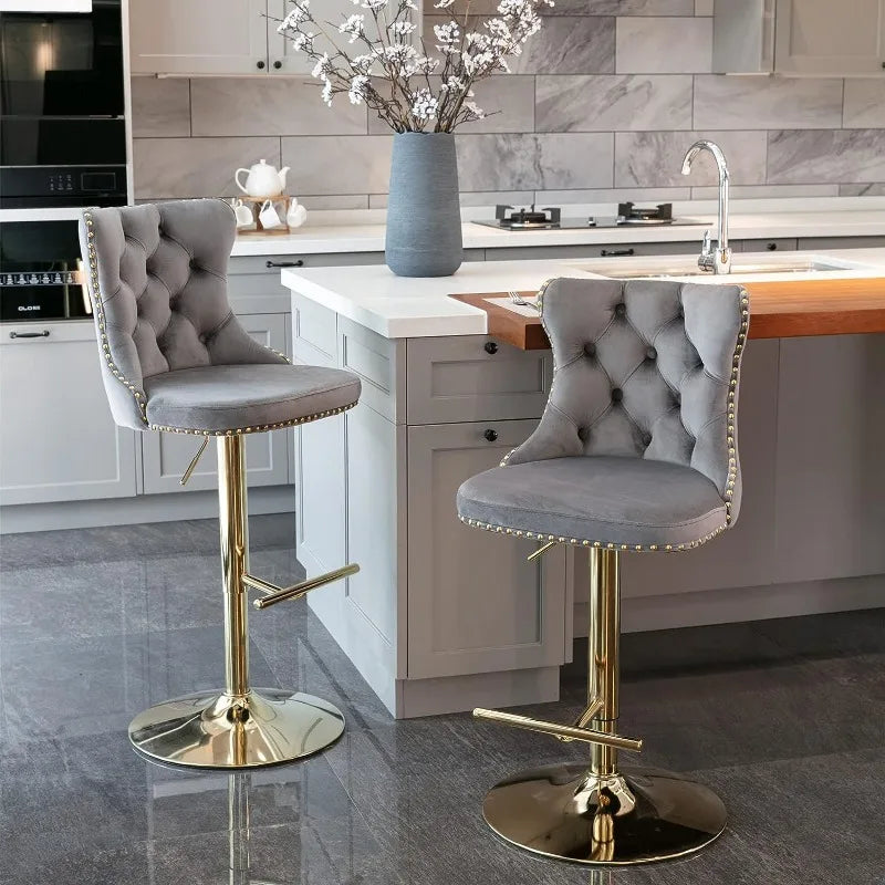 Swivel Bar Stools Set of 4, Adjustable Counter Height Bar stools, Button Tufted Back and Footrest,Velvet.