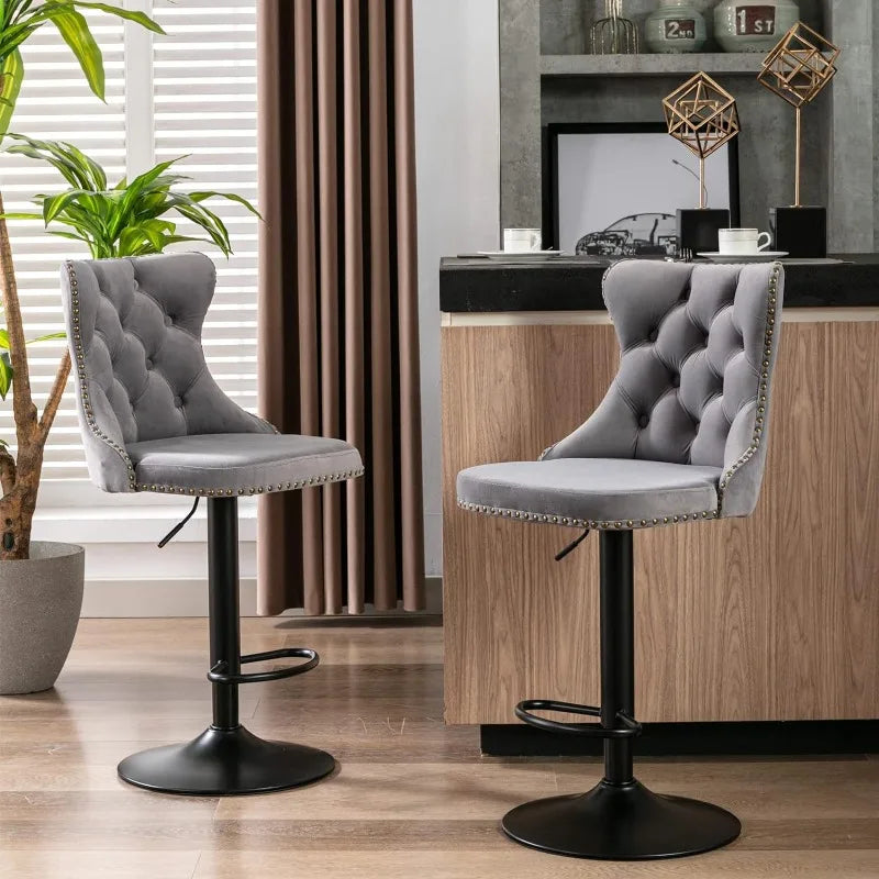 Swivel Bar Stools Set of 4, Adjustable Counter Height Bar stools, Button Tufted Back and Footrest,Velvet.