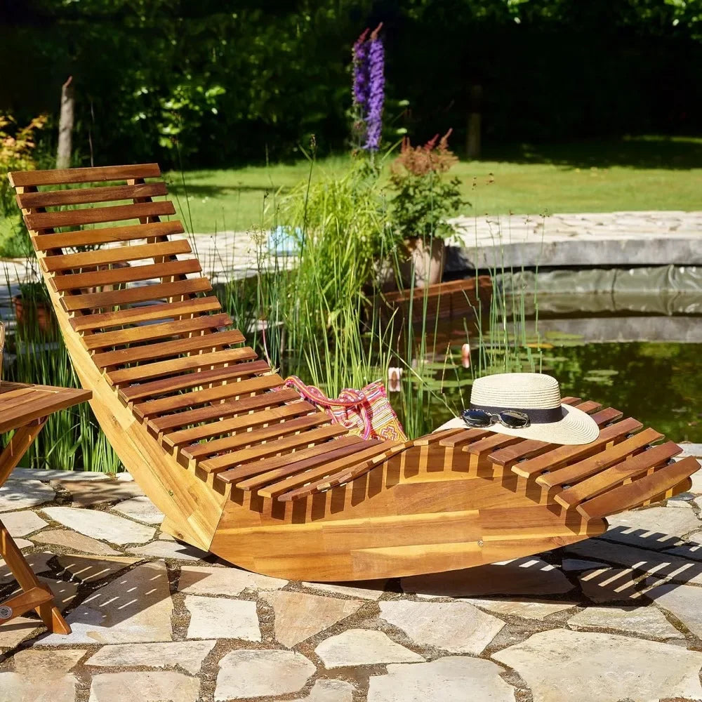 Swinging outdoor lounge chair made of acacia wood, with a 330 pound capacity wooden furniture