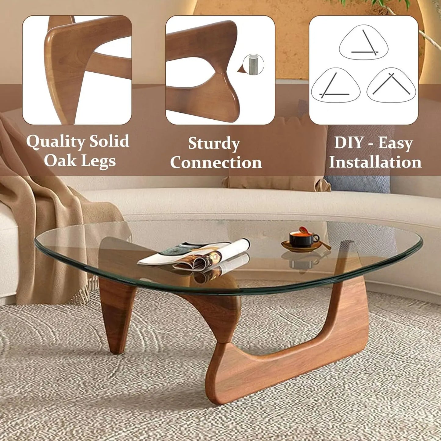 Coffee Tables for Living Room - Triangle Glass Coffee Table with Wooden Base Mid-Century Modern Abstract End Table