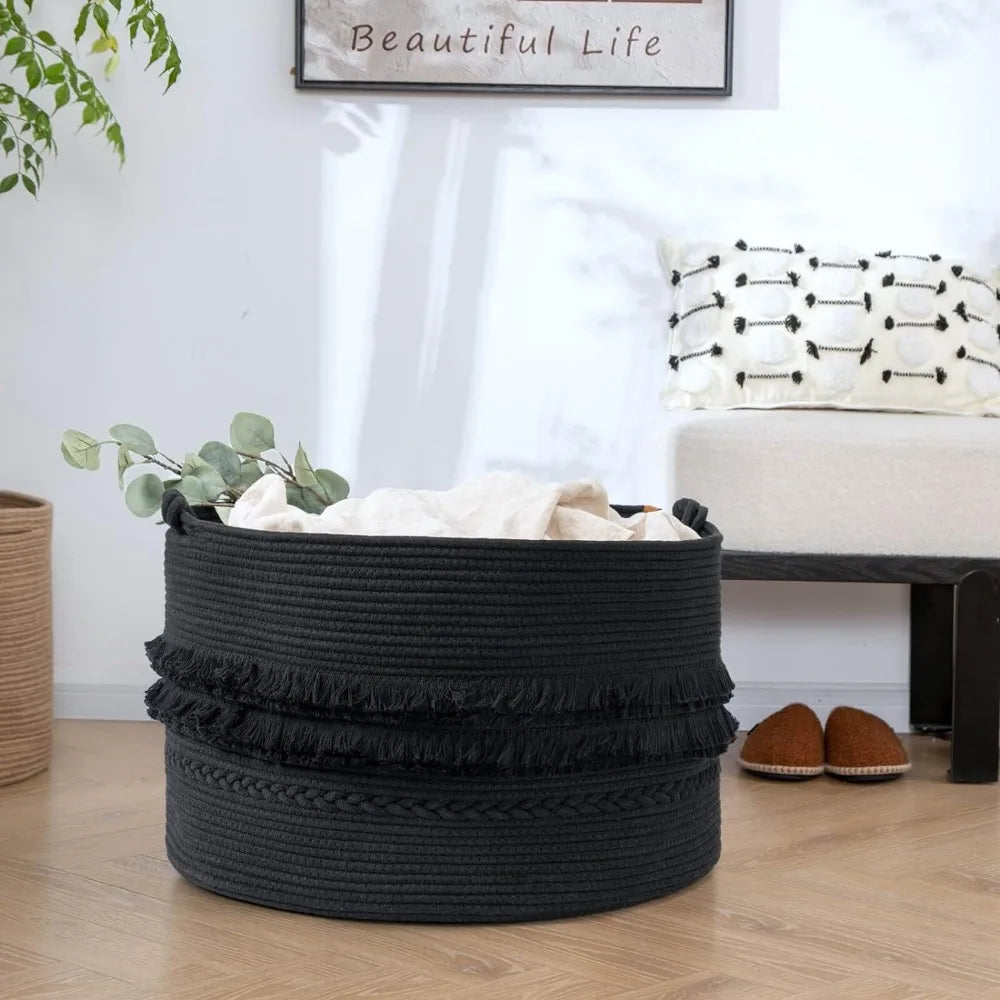 CherryNow Extra Large Black Laundry Basket, Rope Storage Basket Bathroom, Bedroom, Entryway, Big Blanket Basket Pillows