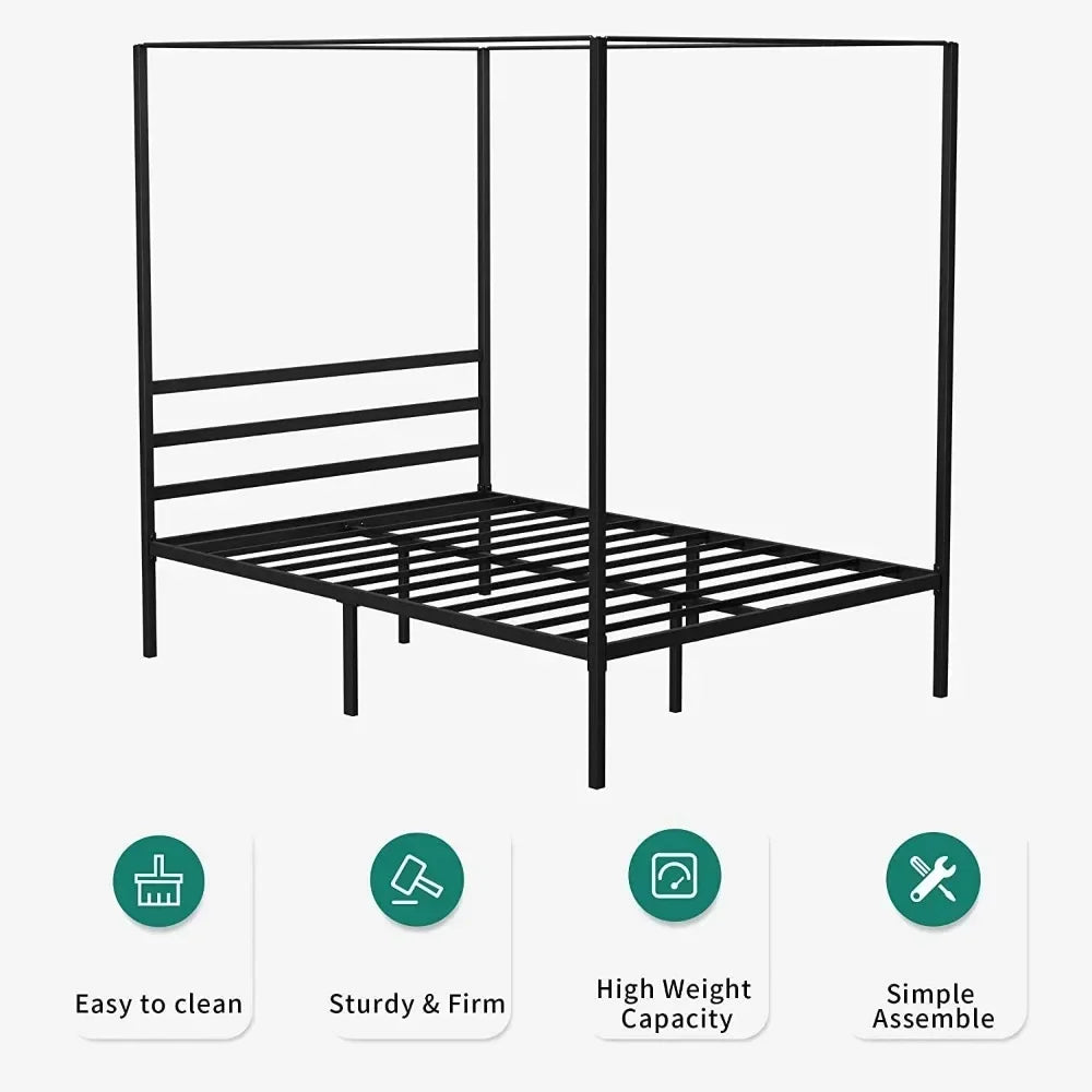 14-Inch Platform Bed Frame Queen Size White Metal Canopy Bed Frame With Sturdy Four Posts Integrated Headboard Full Bases Frames