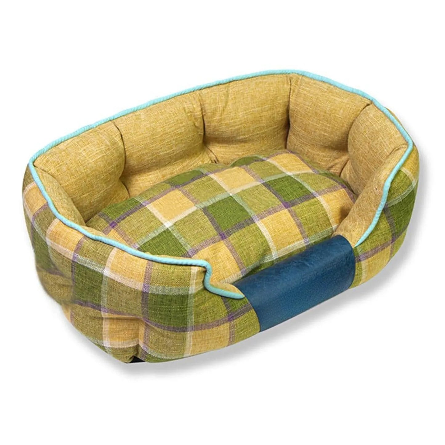 Large Yellow Archi-Checked Designer Plaid Oval Dog Bed