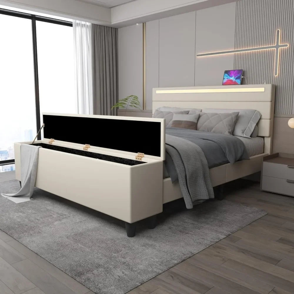 Queen Bed Frame with Ottoman Storage & LED Lights, Upholstered Platform w/ USB Ports, Beige Headboard, Solid Slats